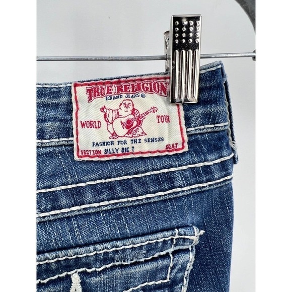 True Religion Womens Size 27 Johnny Big T Blue Denim Jeans Straight Leg Low Rise - Picture 3 of 5